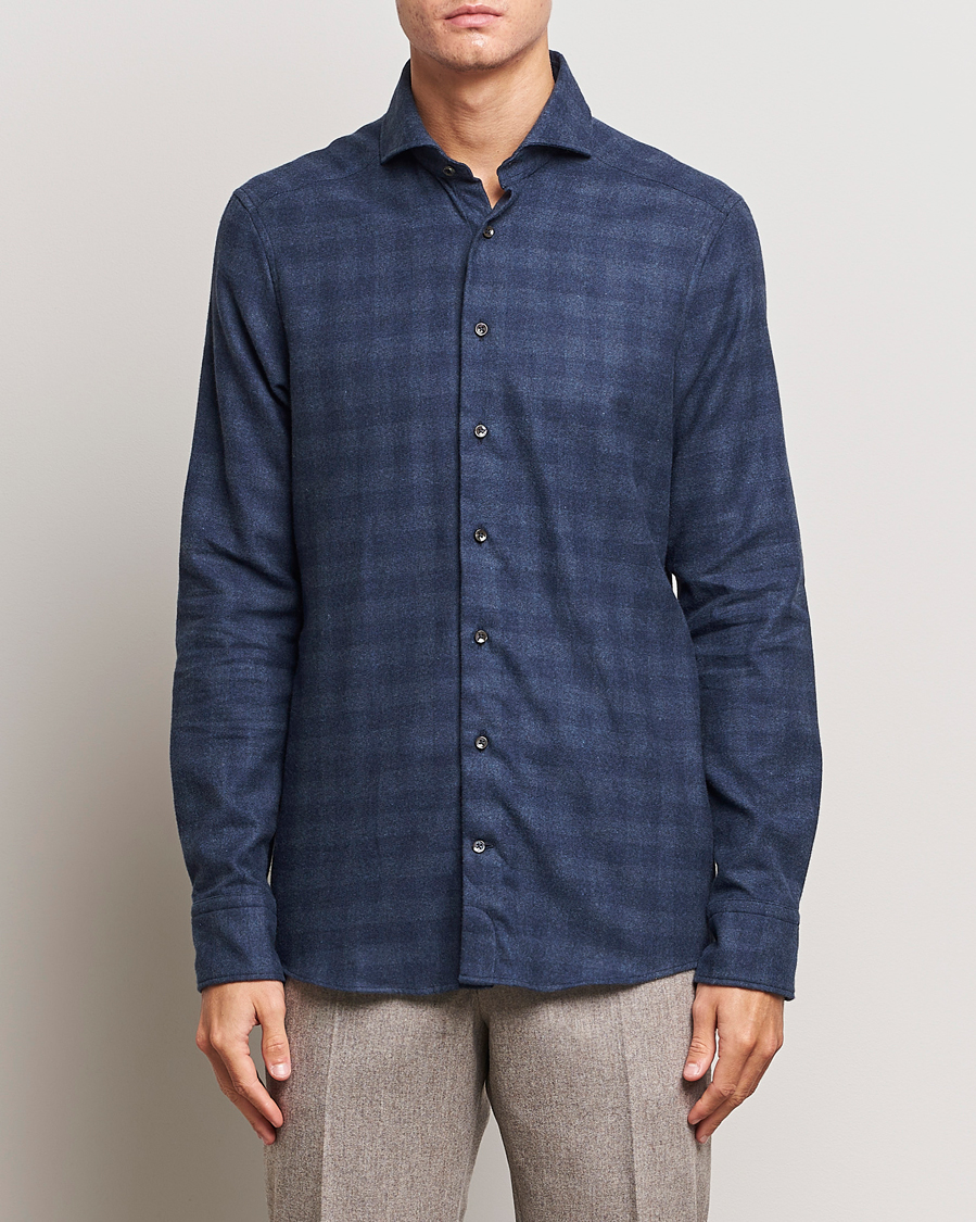 Herr | Casual | Stenströms | Slimline Checked Cut Away Flannel Shirt Navy