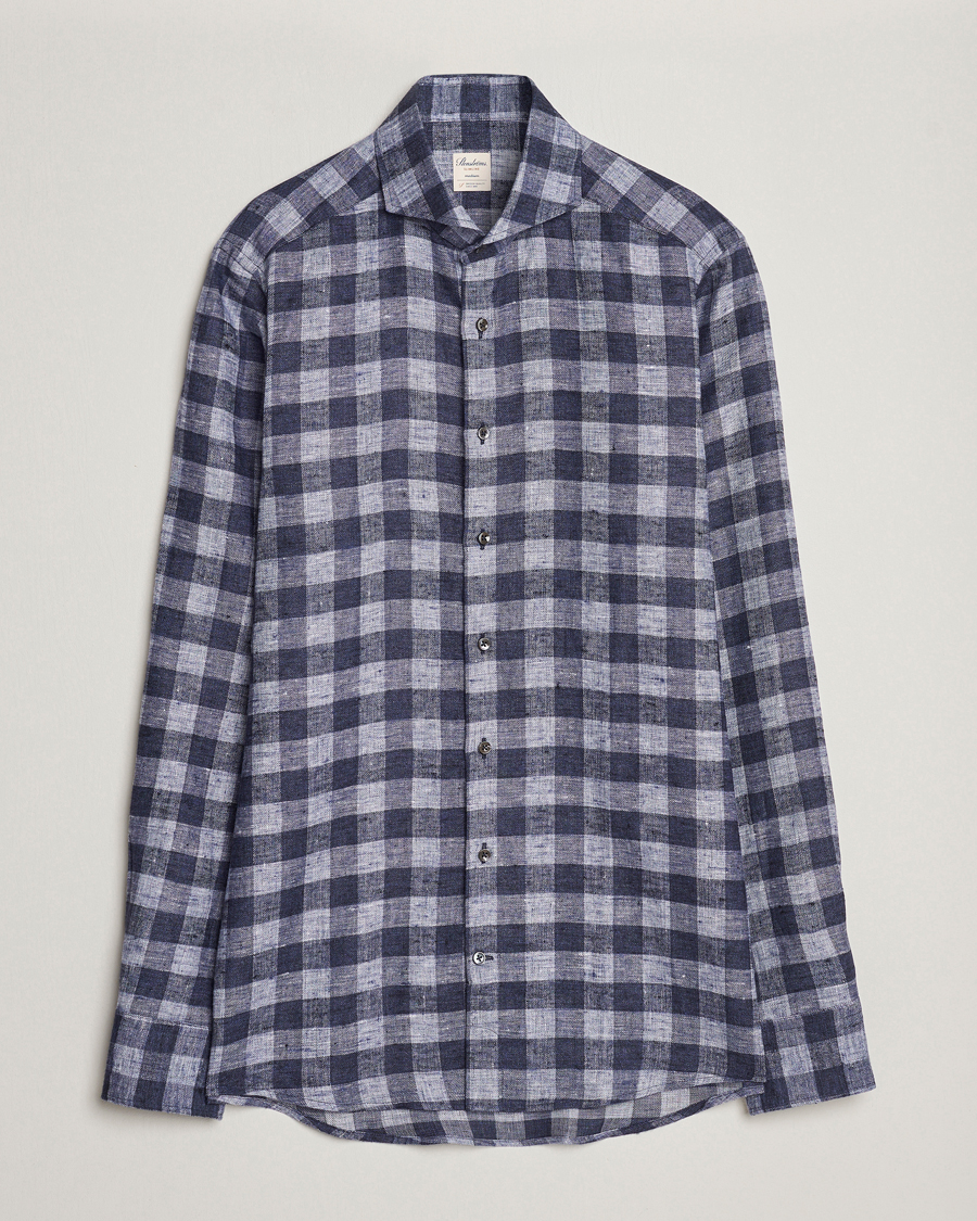 Herr | Skjortor | Stenströms | Slimline Checked Linen Flannel Shirt Blue