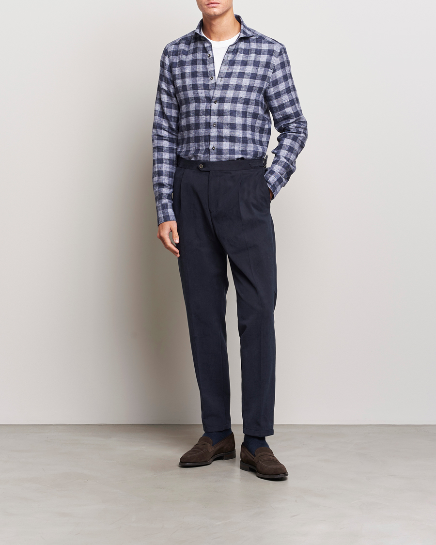 Herr | Skjortor | Stenströms | Slimline Checked Linen Flannel Shirt Blue