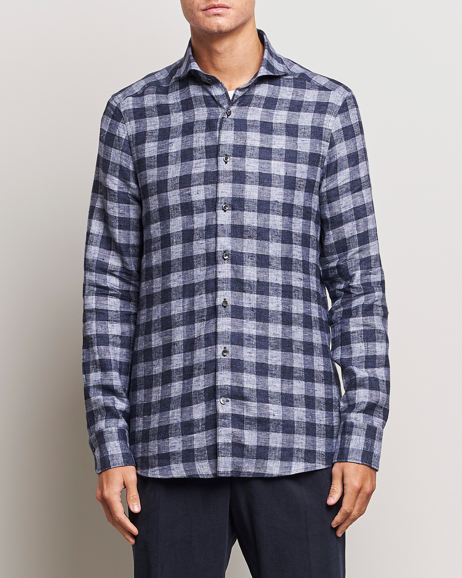Herr | Flanellskjortor | Stenströms | Slimline Checked Linen Flannel Shirt Blue