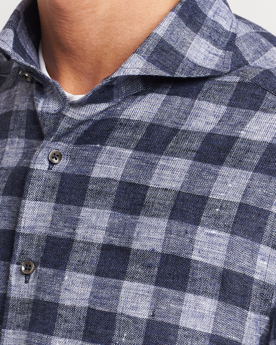 Herr | Skjortor | Stenströms | Slimline Checked Linen Flannel Shirt Blue