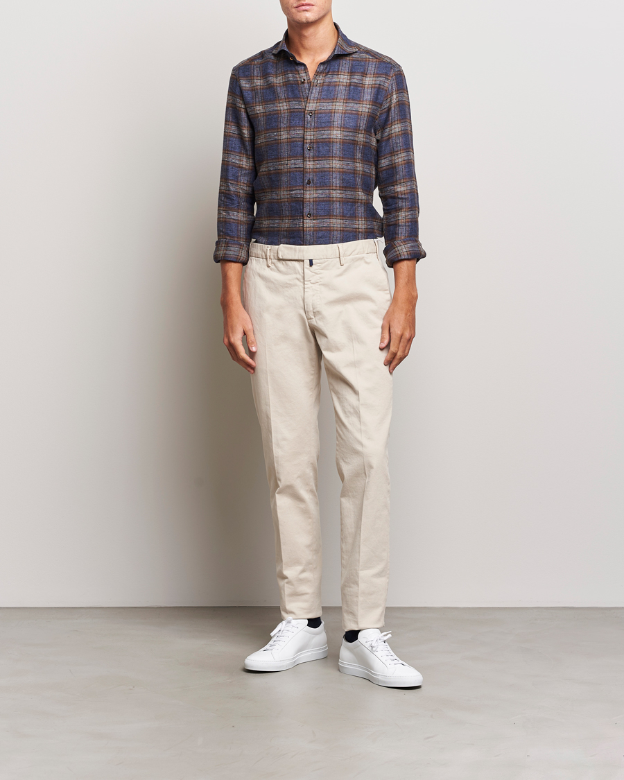 Herr | Skjortor | Stenströms | Slimline Checked Linen Flannel Shirt Brown