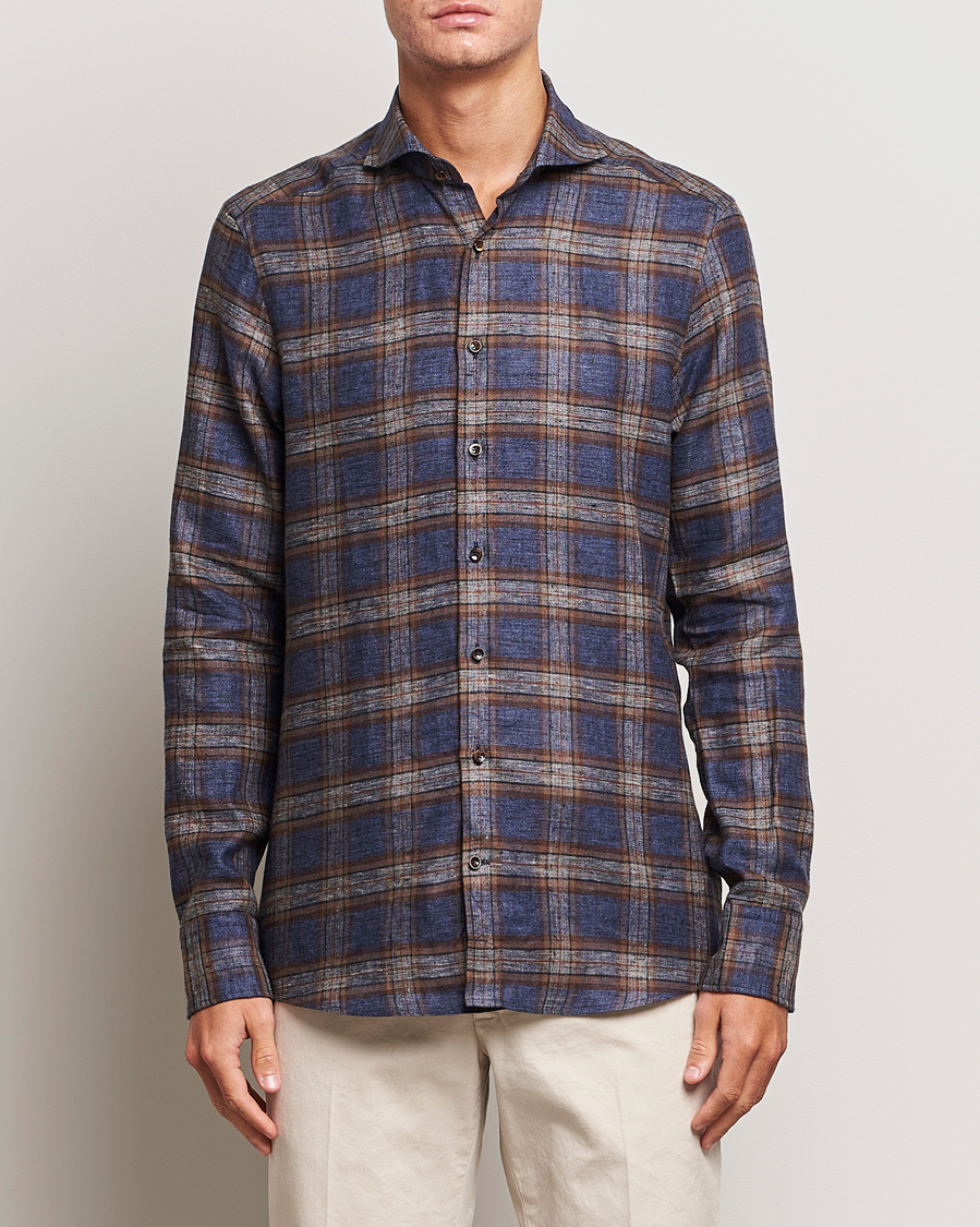 Herr | Skjortor | Stenströms | Slimline Checked Linen Flannel Shirt Brown