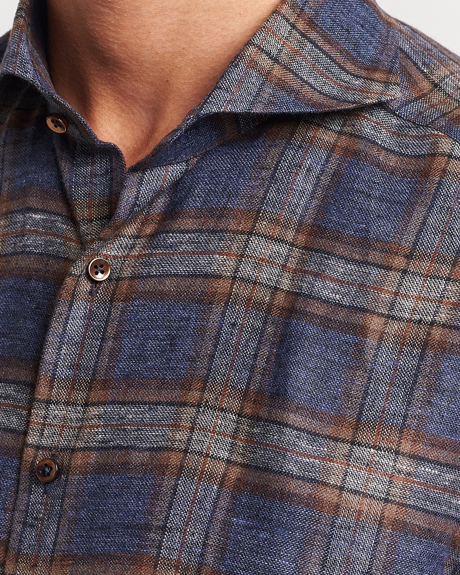 Herr | Skjortor | Stenströms | Slimline Checked Linen Flannel Shirt Brown