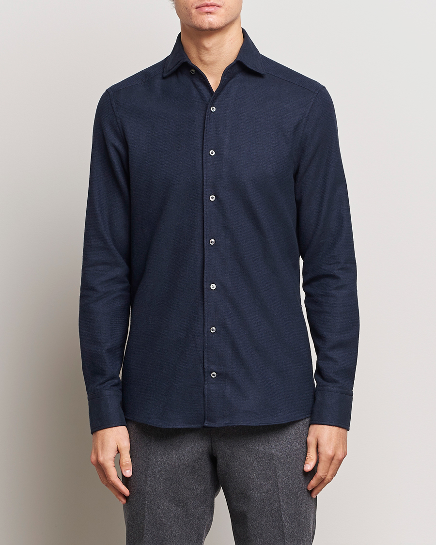 Herr |  | Stenströms | Slimline Micro Structure Flannel Shirt Navy