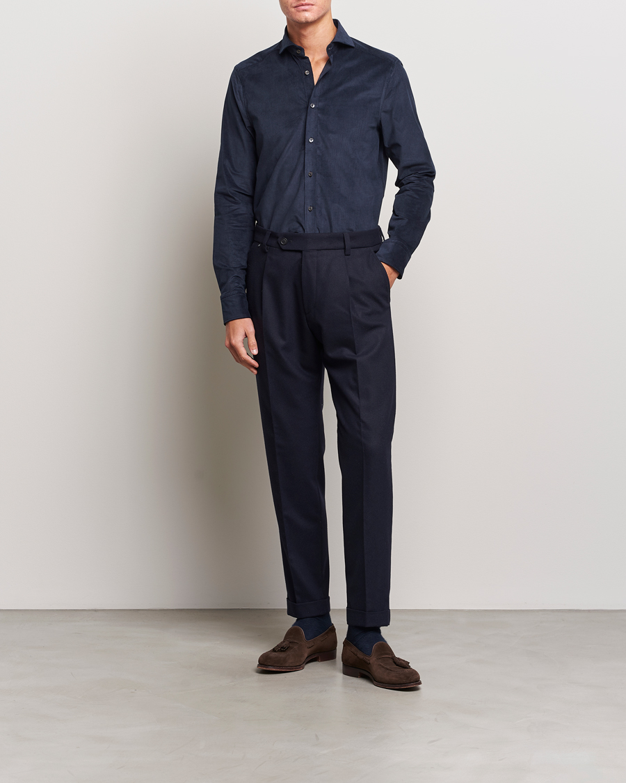 Herr | Skjortor | Stenströms | Slimline Cut Away Corduroy Shirt Navy