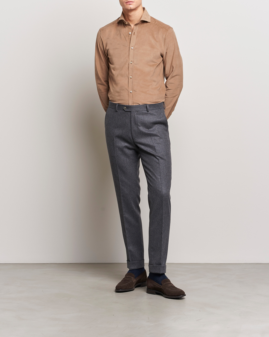 Herr | Skjortor | Stenströms | Slimline Cut Away Corduroy Shirt Camel