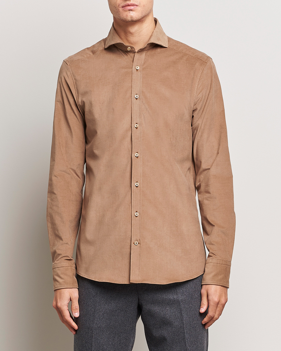 Herr | Skjortor | Stenströms | Slimline Cut Away Corduroy Shirt Camel