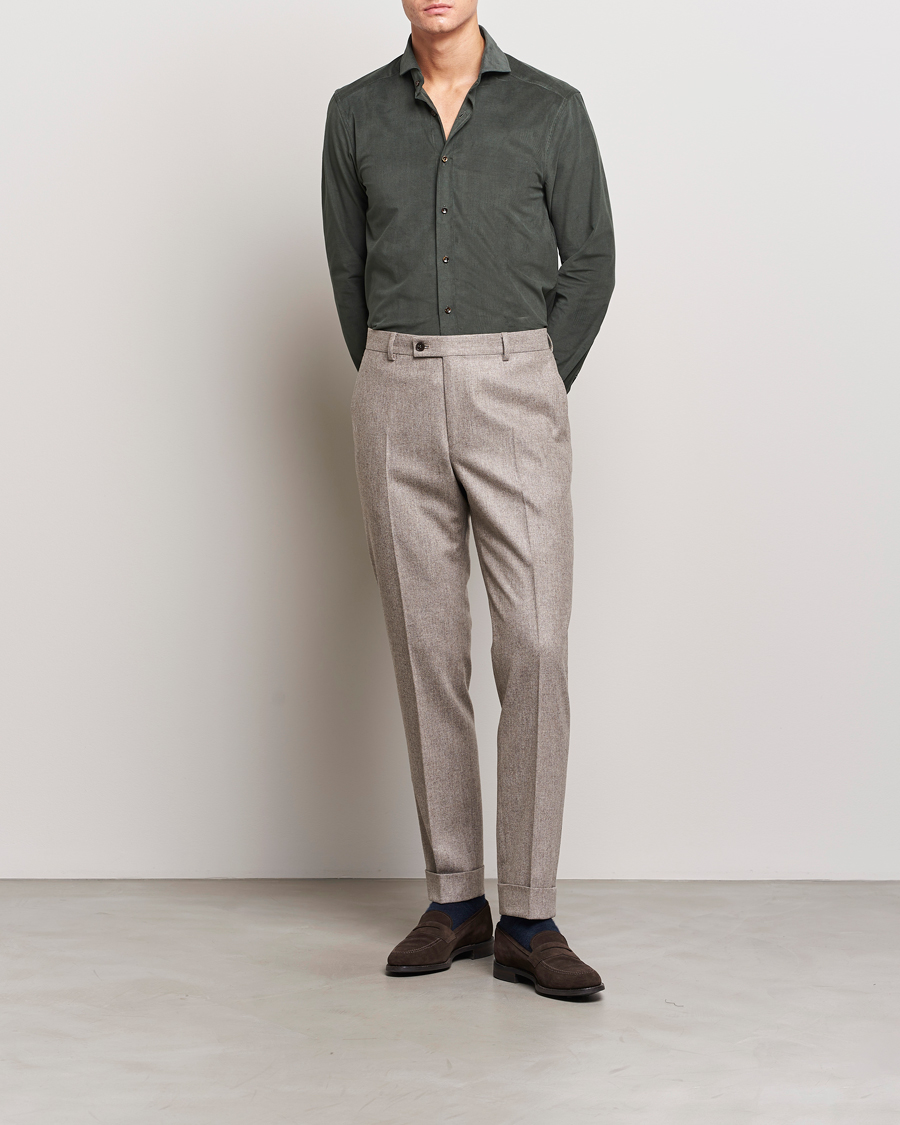 Herr | Skjortor | Stenströms | Slimline Cut Away Corduroy Shirt Dark Green