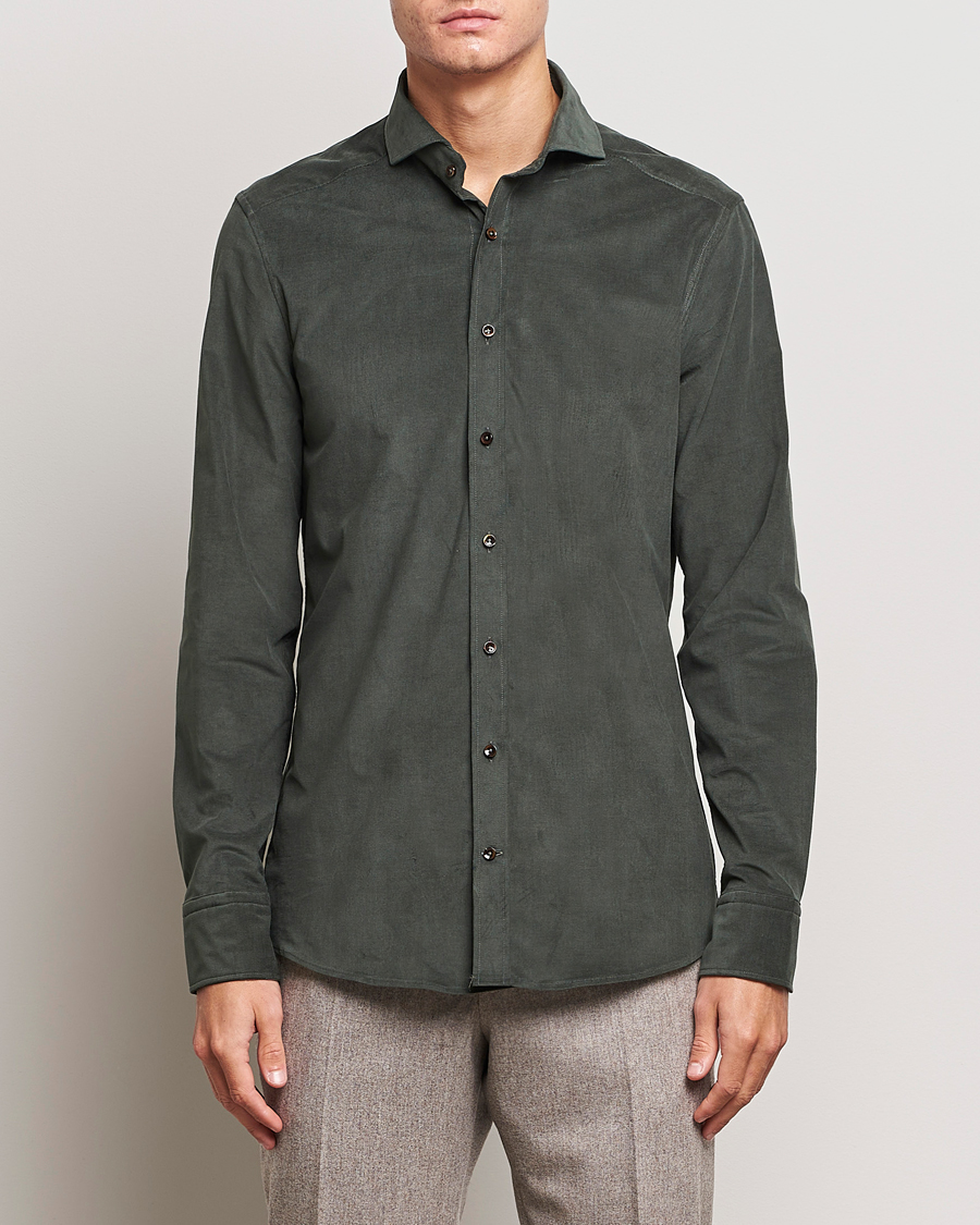 Herr | Skjortor | Stenströms | Slimline Cut Away Corduroy Shirt Dark Green