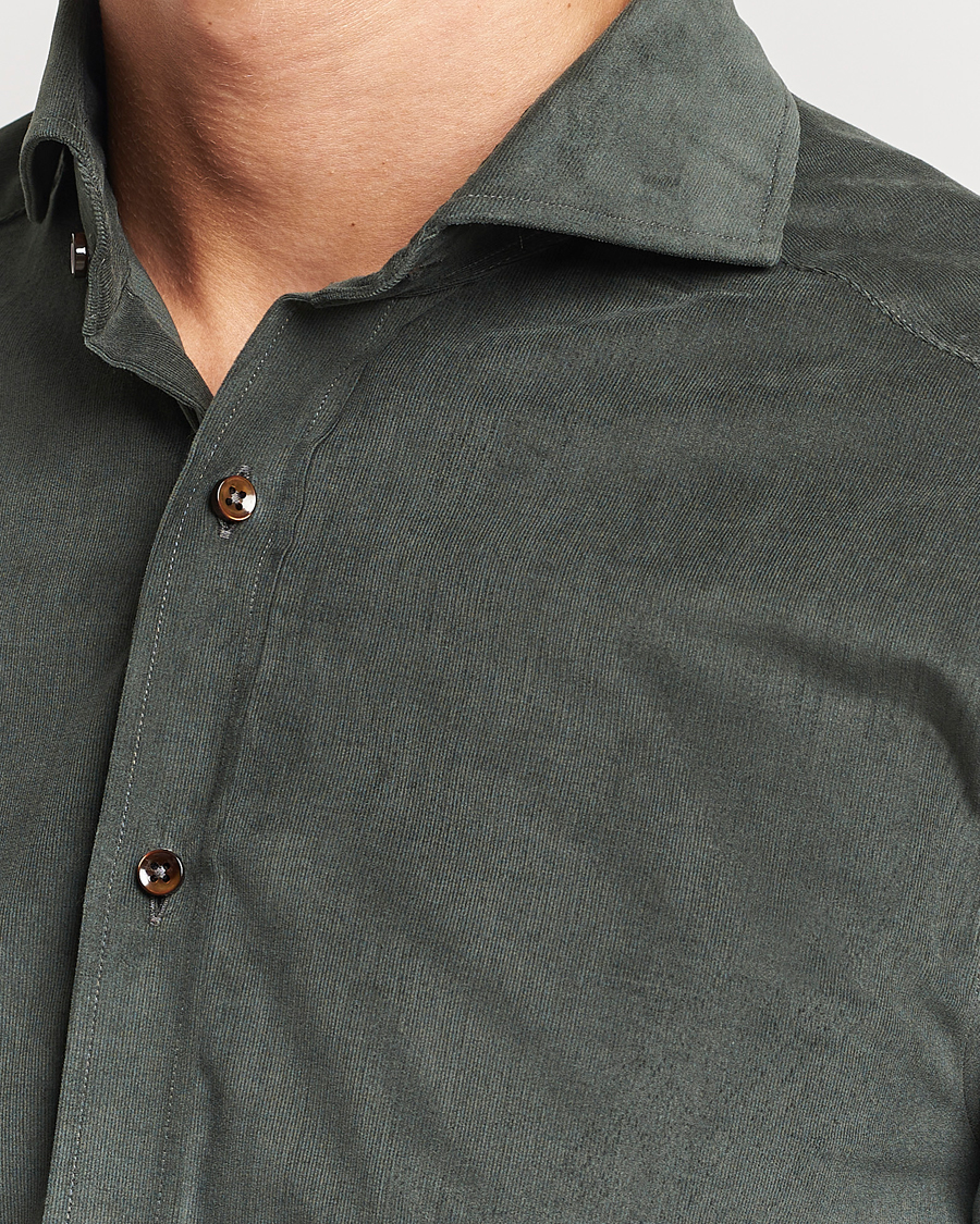 Herr | Skjortor | Stenströms | Slimline Cut Away Corduroy Shirt Dark Green