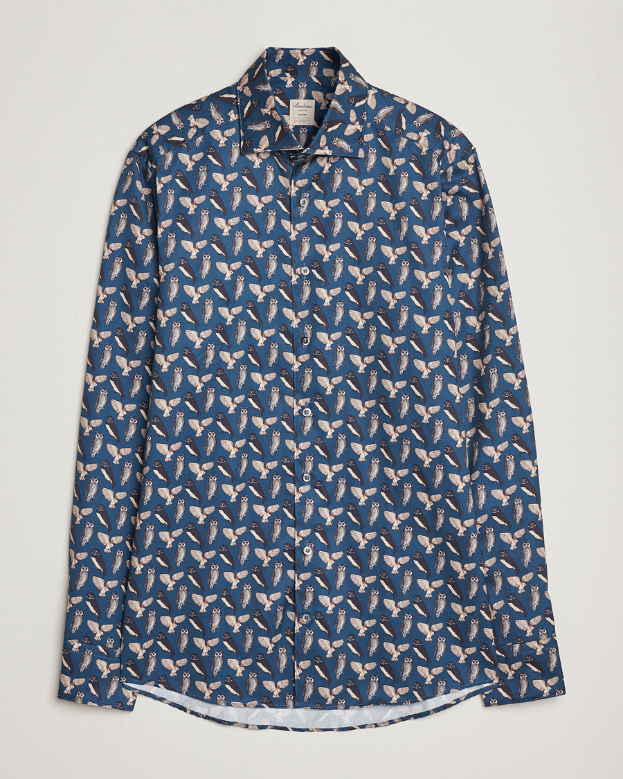 Herr | Skjortor | Stenströms | Slimline Owl Printed Cut Away Shirt Blue