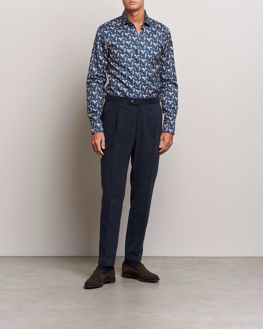 Herr | Skjortor | Stenströms | Slimline Owl Printed Cut Away Shirt Blue