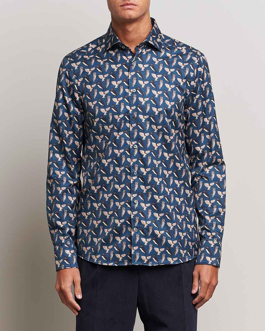 Herr | Skjortor | Stenströms | Slimline Owl Printed Cut Away Shirt Blue