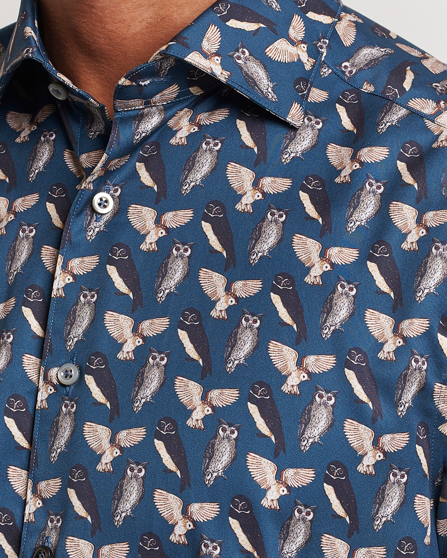 Herr | Skjortor | Stenströms | Slimline Owl Printed Cut Away Shirt Blue