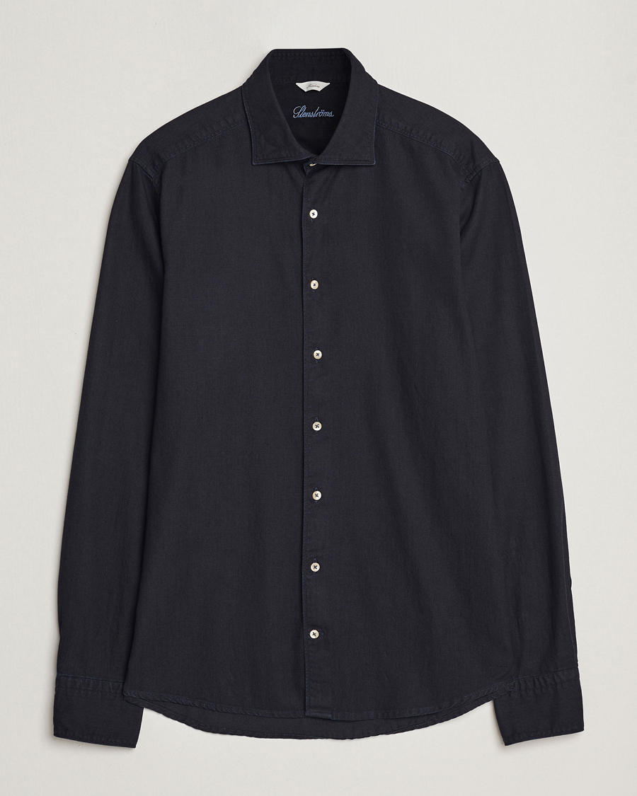 Herr | Skjortor | Stenströms | Slimline Cut Away Overdyed Denim Shirt Dark Blue