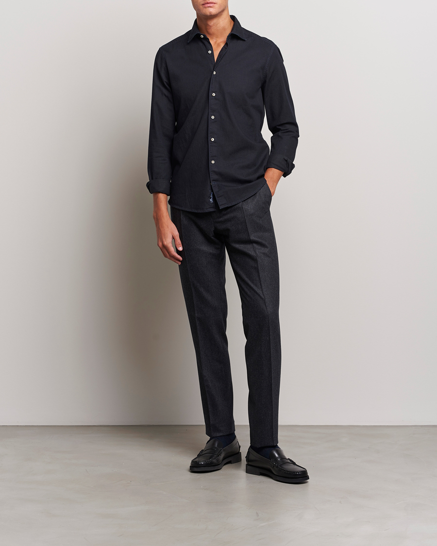 Herr | Skjortor | Stenströms | Slimline Cut Away Overdyed Denim Shirt Dark Blue