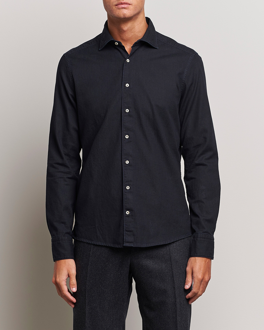 Herr | Skjortor | Stenströms | Slimline Cut Away Overdyed Denim Shirt Dark Blue