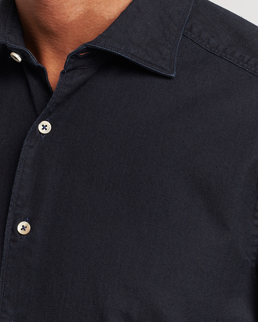 Herr | Skjortor | Stenströms | Slimline Cut Away Overdyed Denim Shirt Dark Blue
