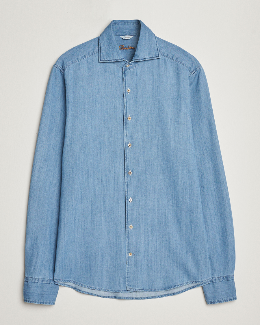 Herr | Skjortor | Stenströms | Slimline One Piece Collar Denim Shirt Light Blue