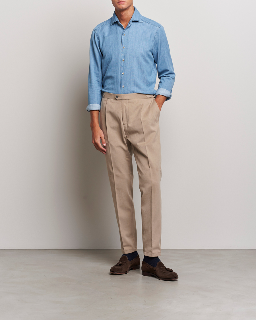 Herr | Skjortor | Stenströms | Slimline One Piece Collar Denim Shirt Light Blue