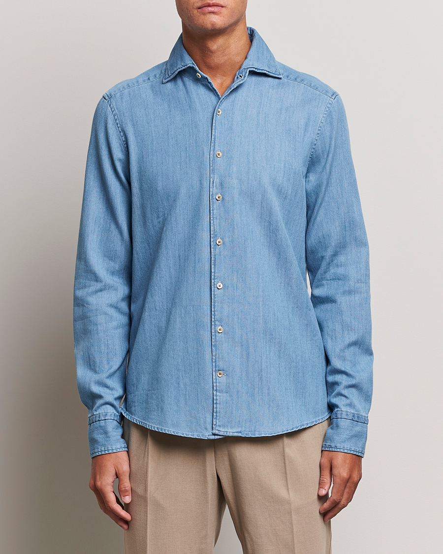 Herr | Skjortor | Stenströms | Slimline One Piece Collar Denim Shirt Light Blue