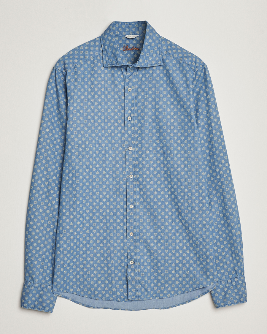 Herr | Skjortor | Stenströms | Slimline Printed Cut Away Denim Shirt Light Blue
