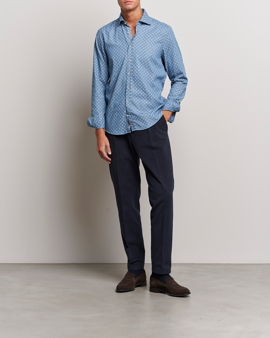 Herr | Skjortor | Stenströms | Slimline Printed Cut Away Denim Shirt Light Blue