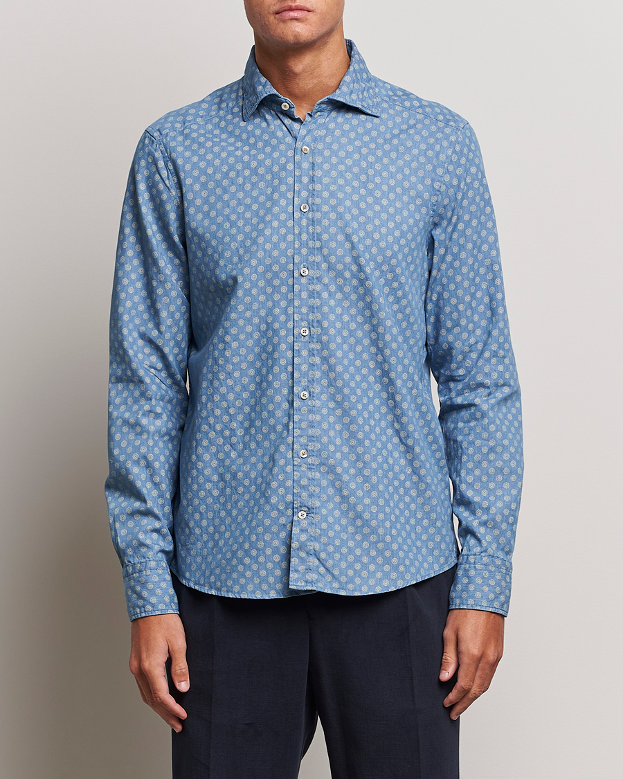 Herr | Jeansskjortor | Stenströms | Slimline Printed Cut Away Denim Shirt Light Blue