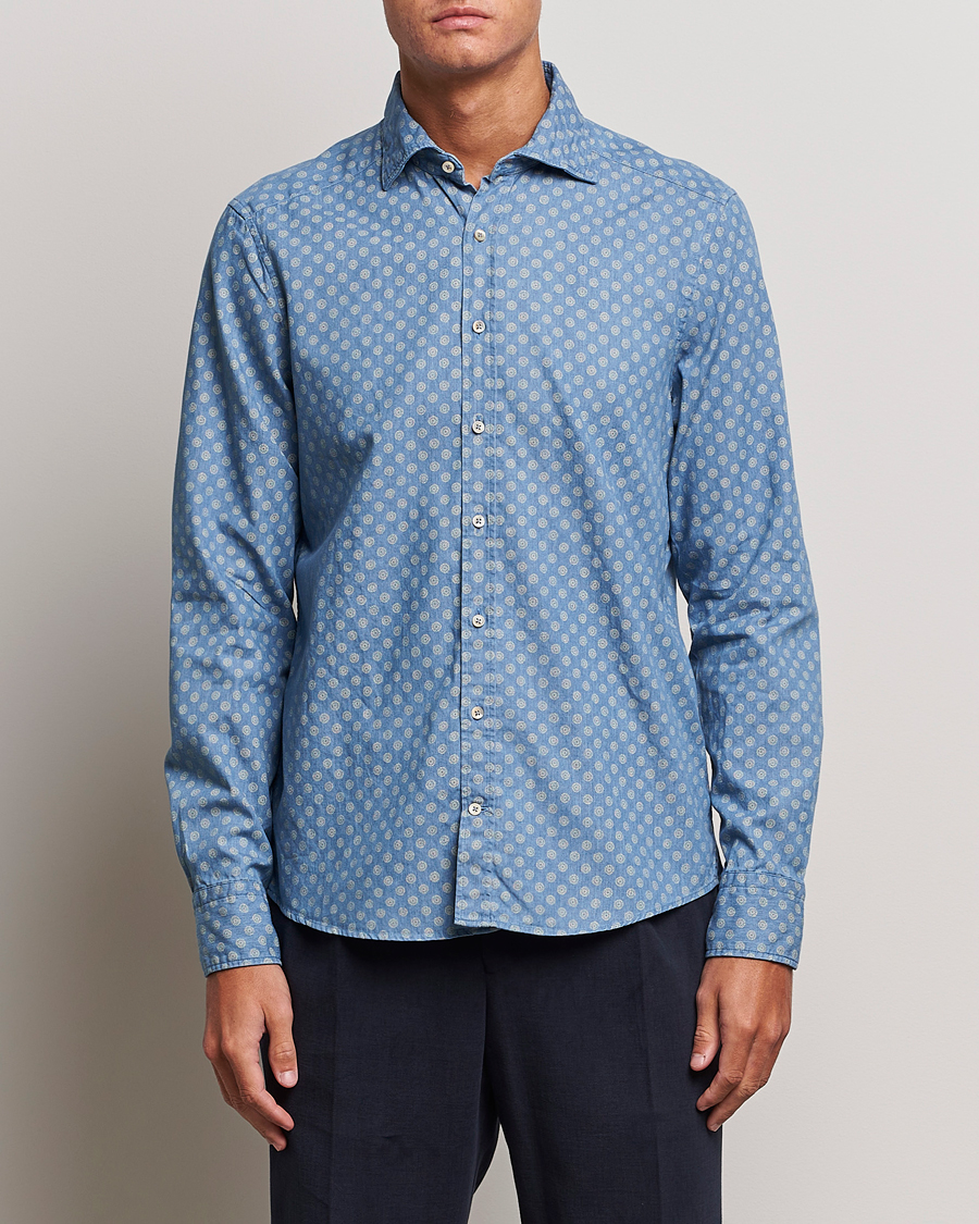 Herr | Skjortor | Stenströms | Slimline Printed Cut Away Denim Shirt Light Blue