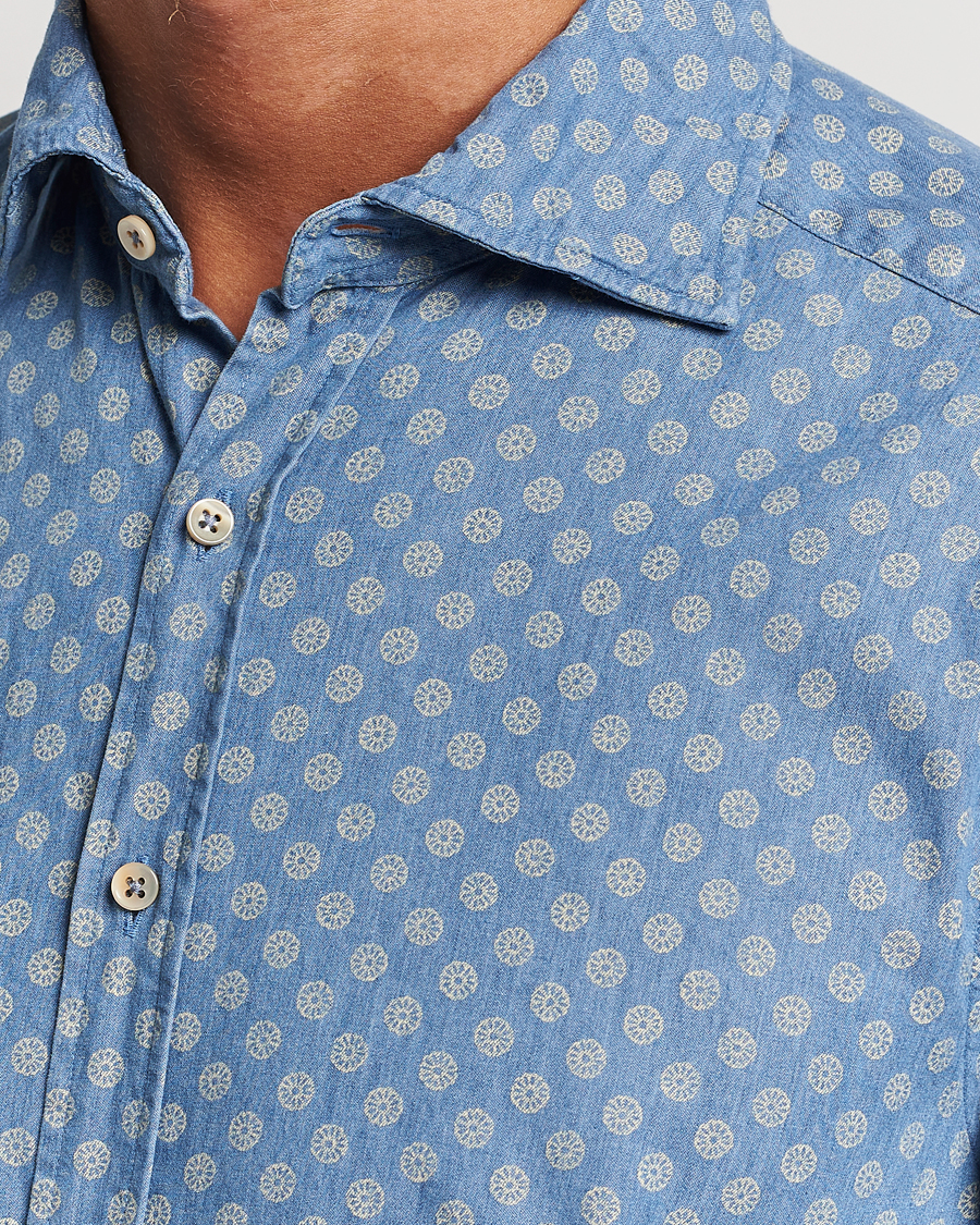 Herr | Skjortor | Stenströms | Slimline Printed Cut Away Denim Shirt Light Blue