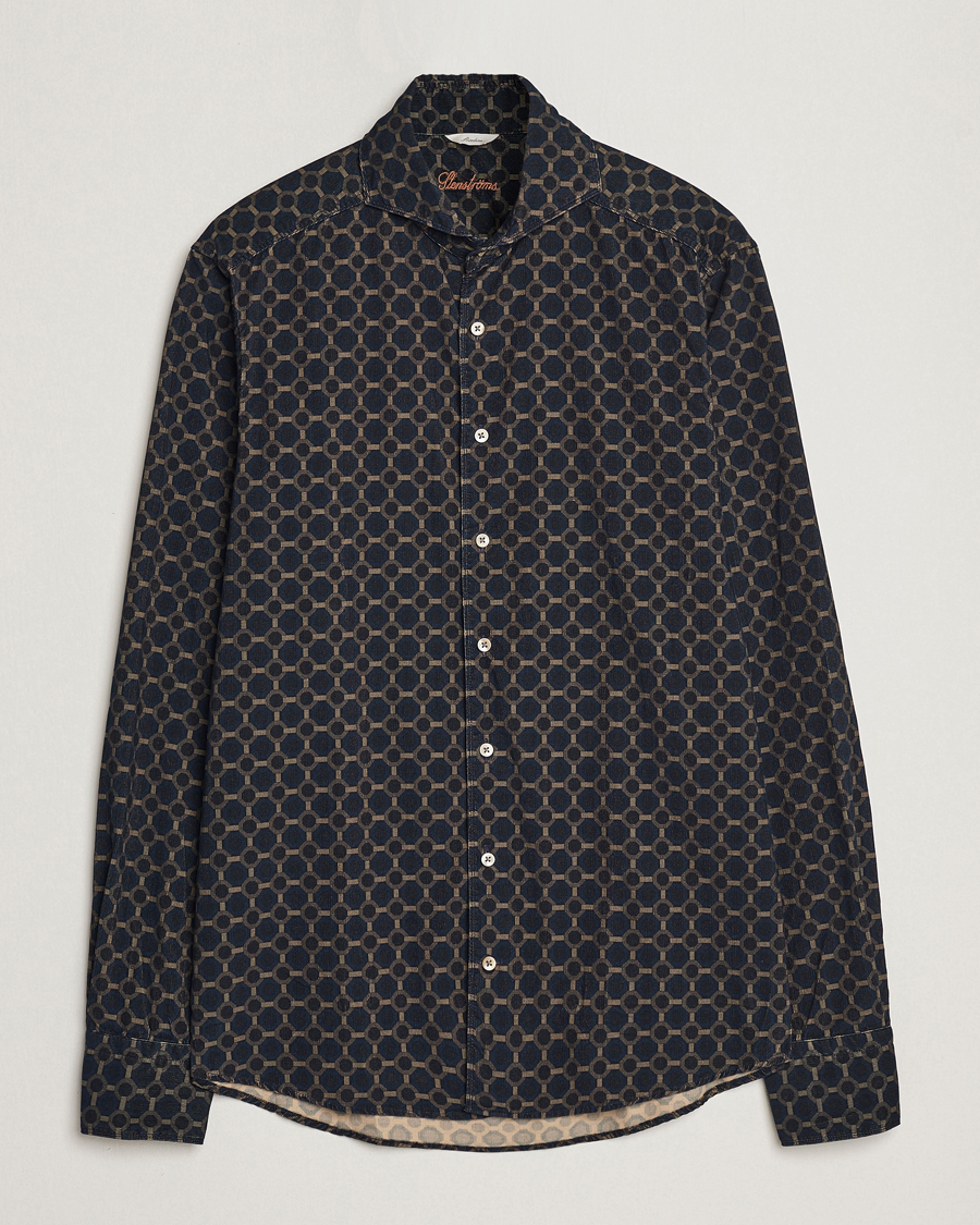 Herr | Skjortor | Stenströms | Slimline Babycord Printed Cut Away Shirt Navy