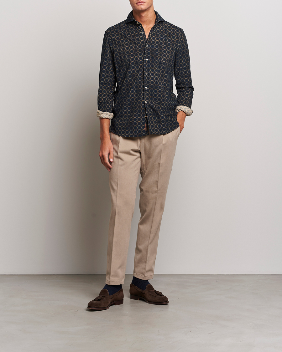Herr | Skjortor | Stenströms | Slimline Babycord Printed Cut Away Shirt Navy