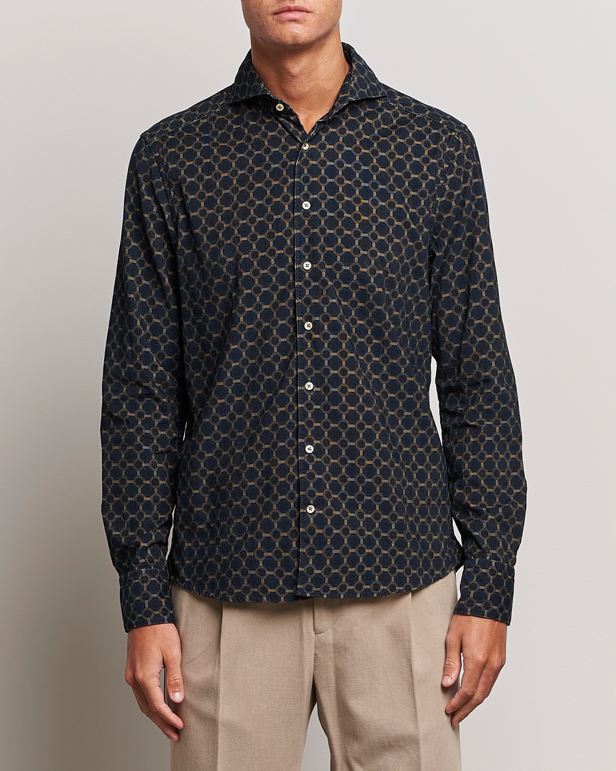 Herr | Manchesterskjortor | Stenströms | Slimline Babycord Printed Cut Away Shirt Navy