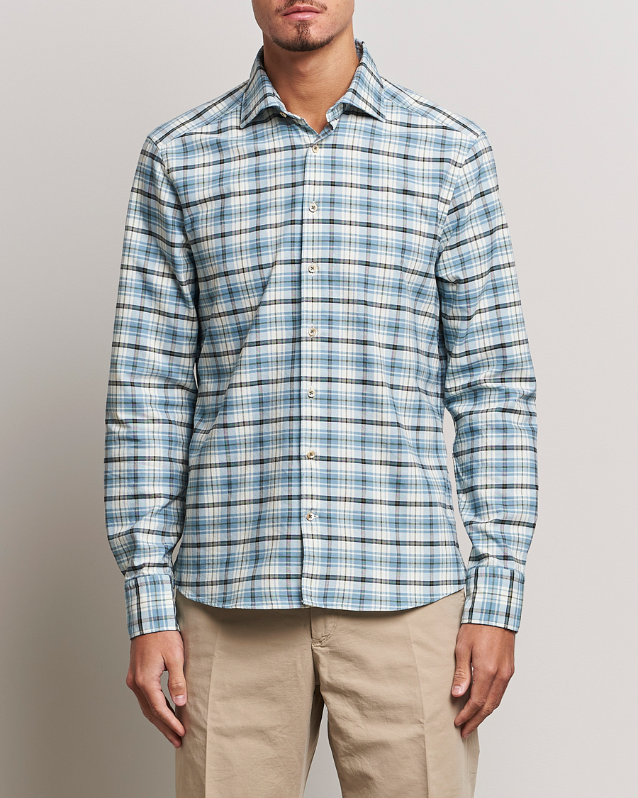 Herr | Casual | Stenströms | Slimline Checked Oxford Cut Away Shirt Light Blue