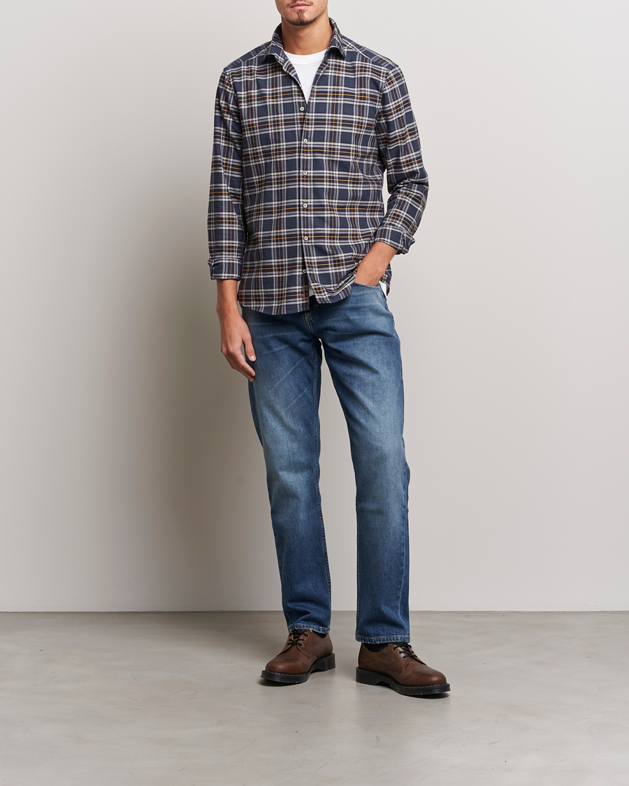 Herr | Skjortor | Stenströms | Slimline Checked Oxford Cut Away Shirt Blue