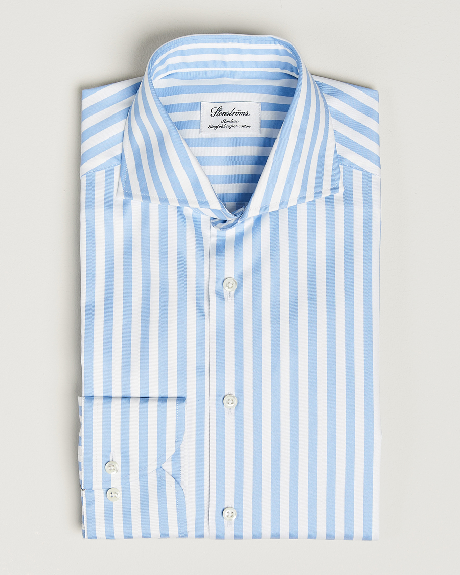 Herr | Skjortor | Stenströms | Slimline Bold Stripe 2-Fold Cut Away Shirt Light Blue