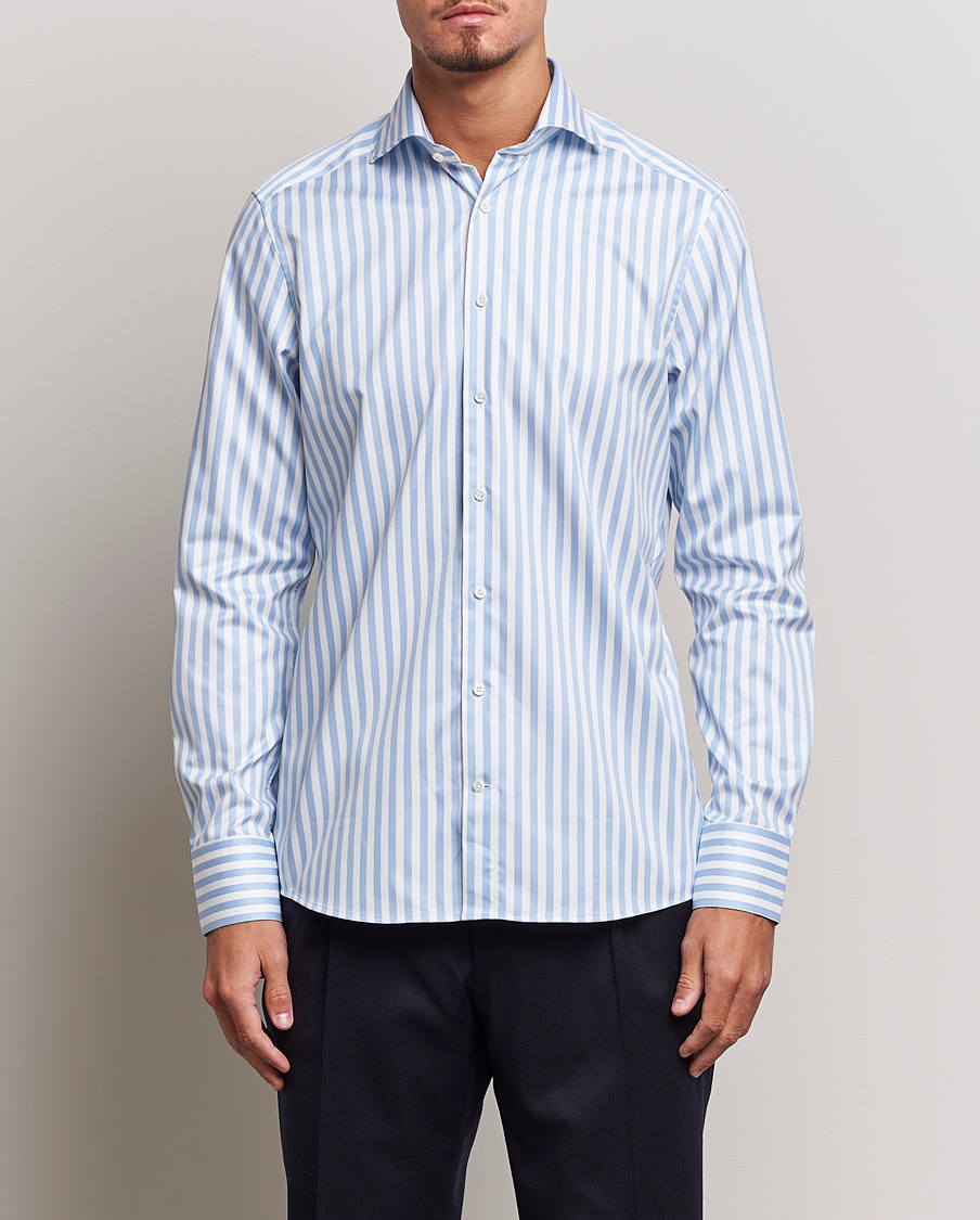 Herr |  | Stenströms | Slimline Bold Stripe 2-Fold Cut Away Shirt  Light Blue
