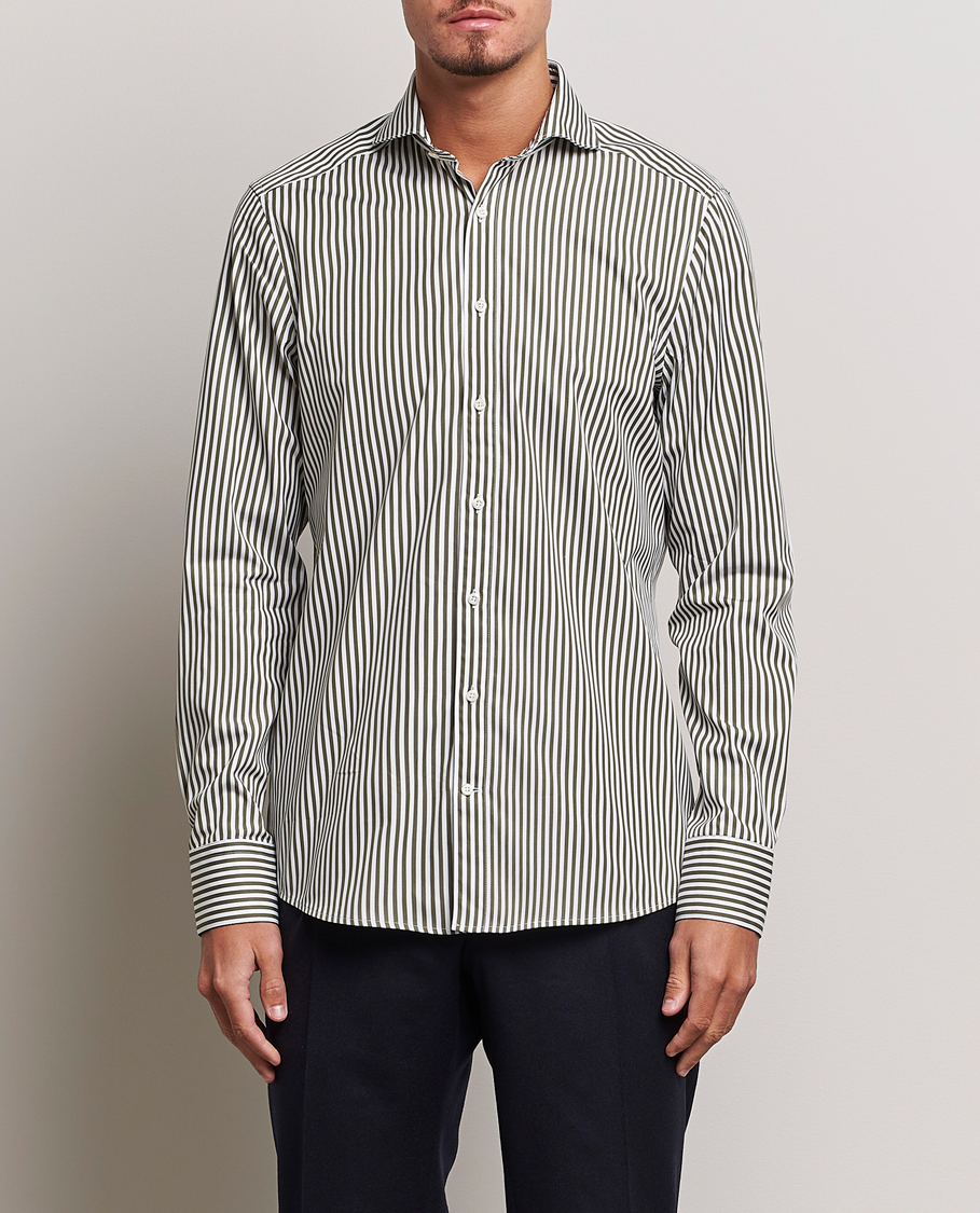 Herr |  | Stenströms | Slimline Striped Popline Cut Away Shirt Green