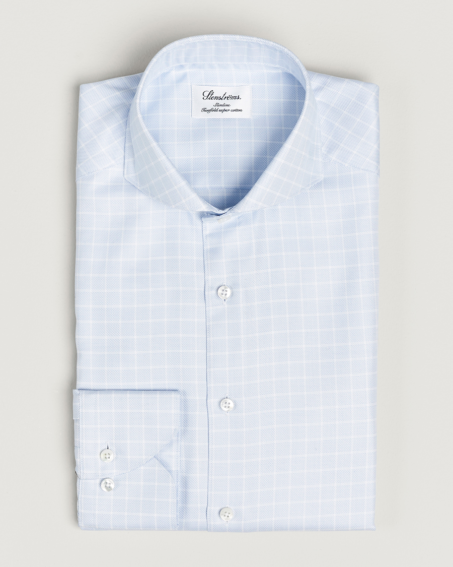 Herr | Skjortor | Stenströms | Slimline Small Checked Cut Away Shirt Light Blue