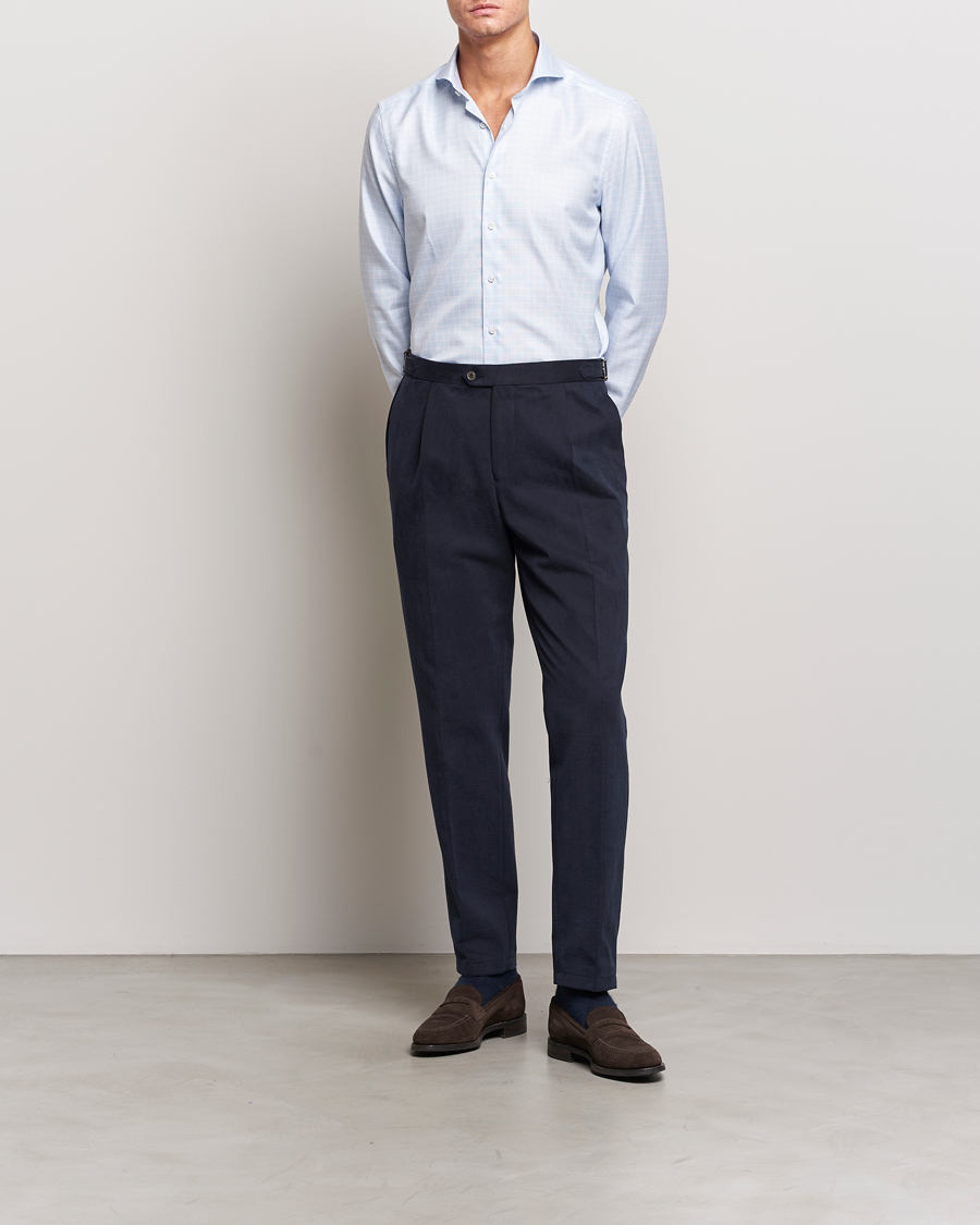 Herr | Skjortor | Stenströms | Slimline Small Checked Cut Away Shirt Light Blue