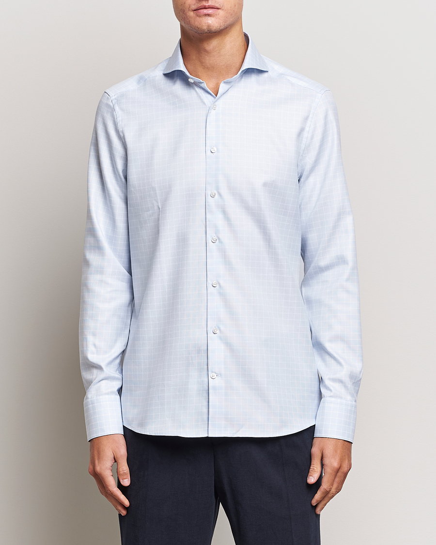 Herr |  | Stenströms | Slimline Small Checked Cut Away Shirt Light Blue