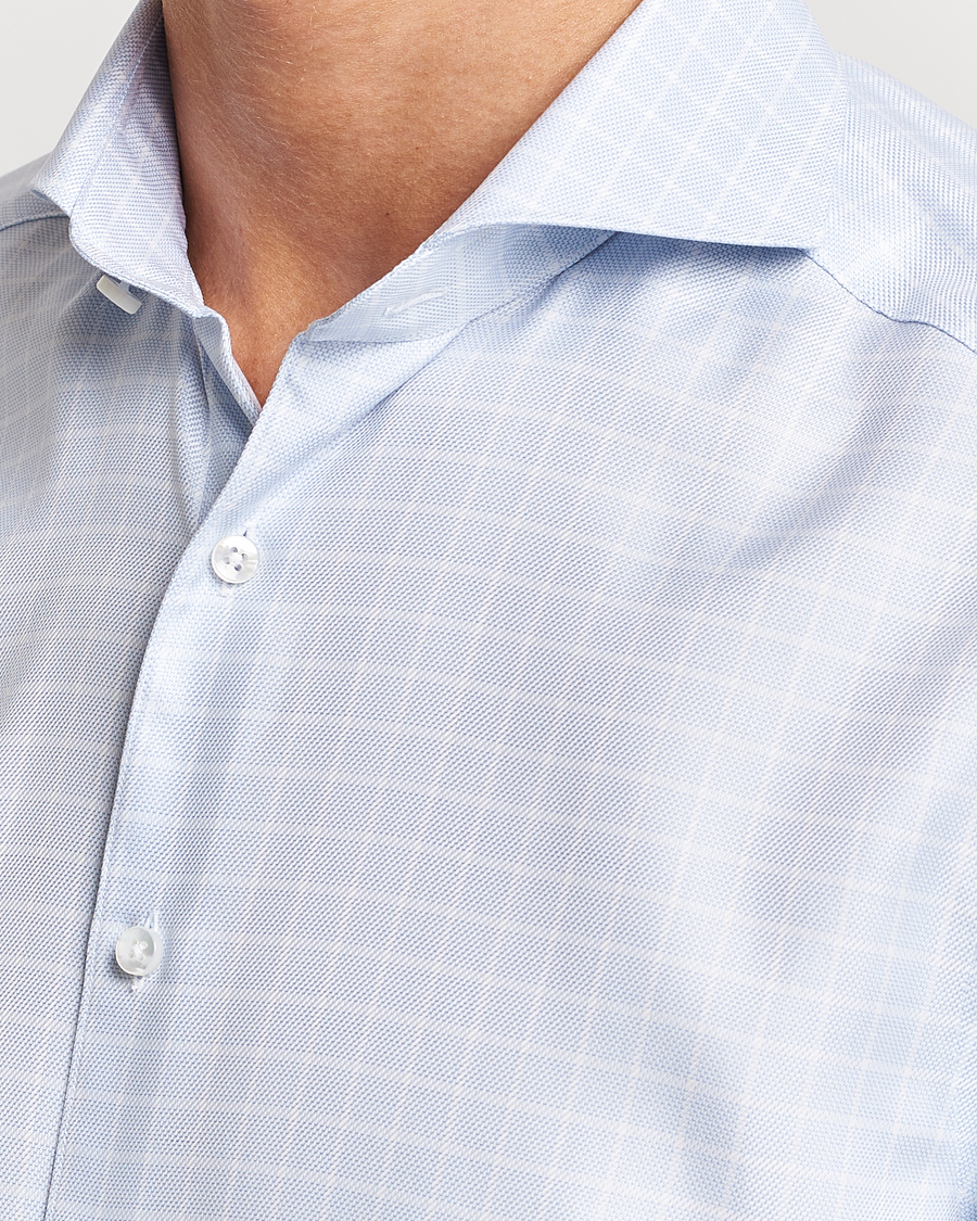 Herr | Skjortor | Stenströms | Slimline Small Checked Cut Away Shirt Light Blue