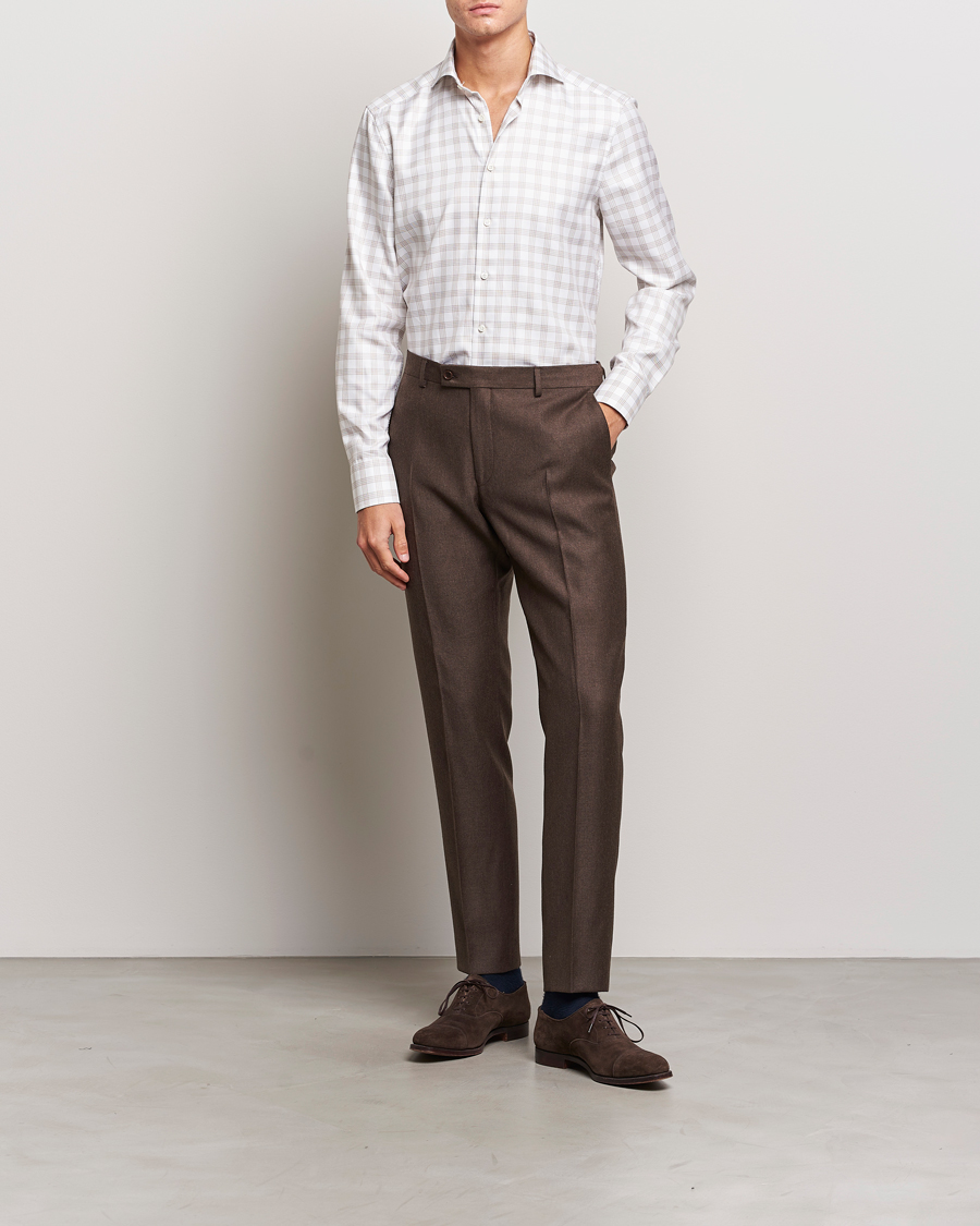 Herr | Skjortor | Stenströms | Slimline Checked Cut Away Shirt White/Brown