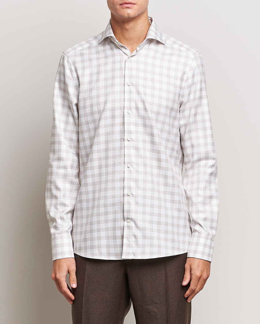 Herr | Skjortor | Stenströms | Slimline Checked Cut Away Shirt White/Brown