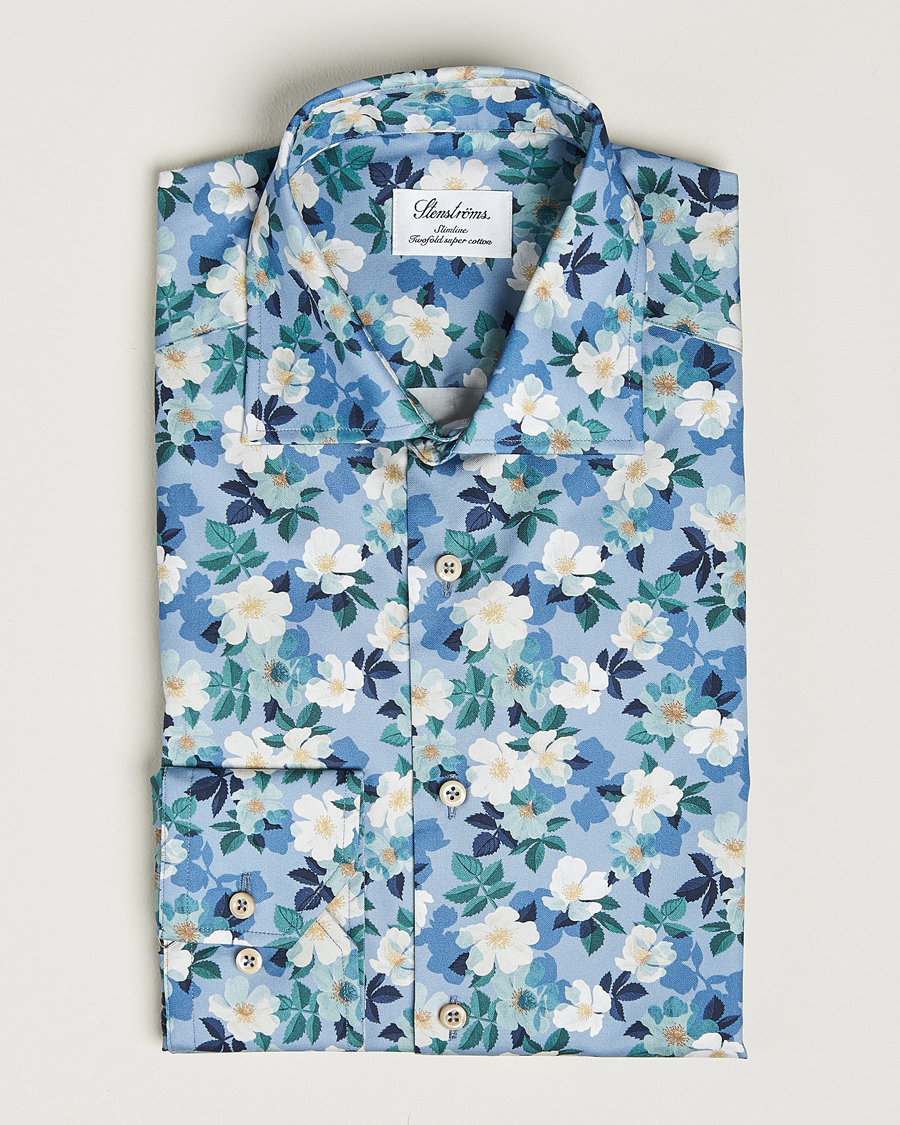 Herr | Skjortor | Stenströms | Slimline Printed Flower Cut Away Shirt Blue