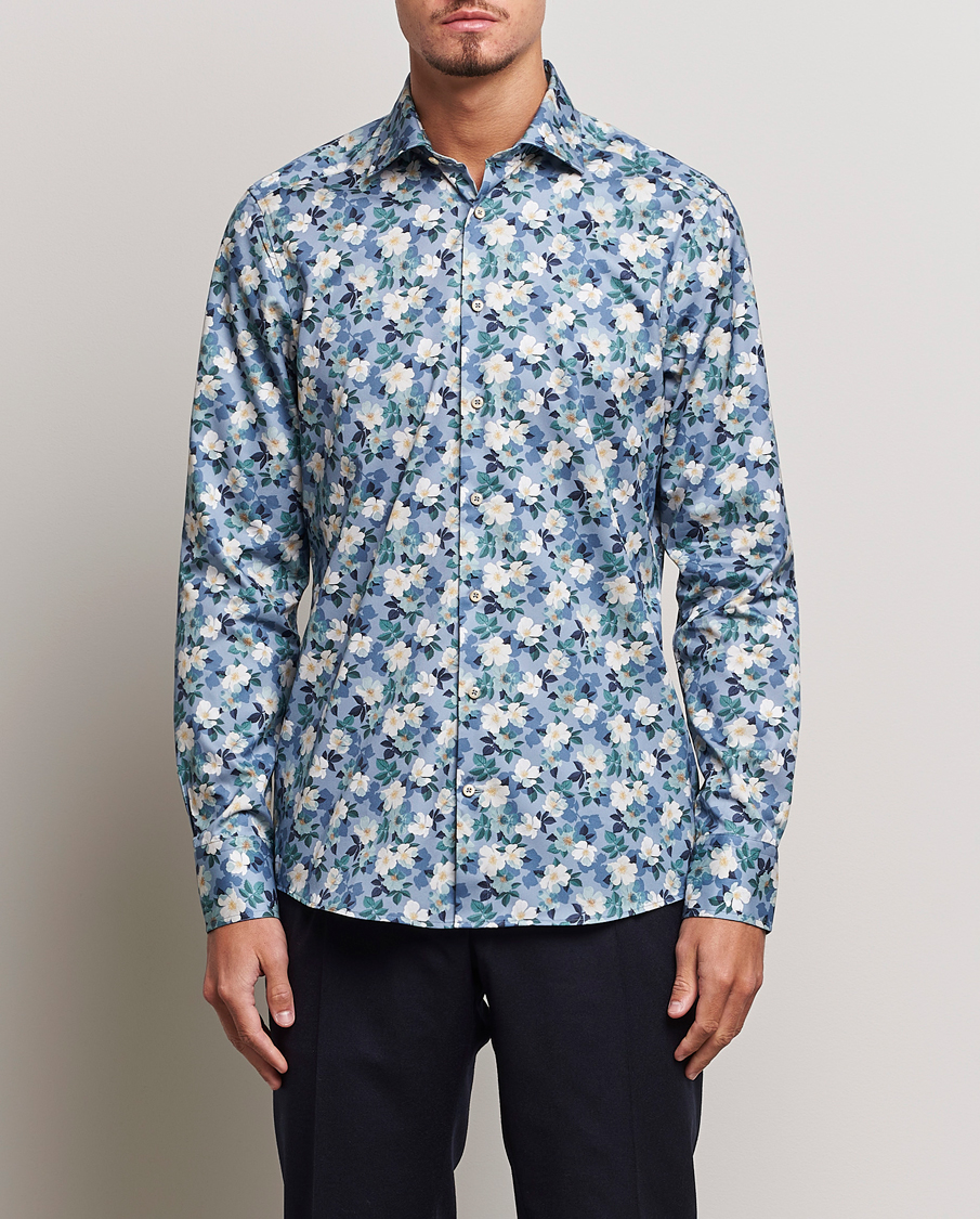 Herr | Skjortor | Stenströms | Slimline Printed Flower Cut Away Shirt Blue
