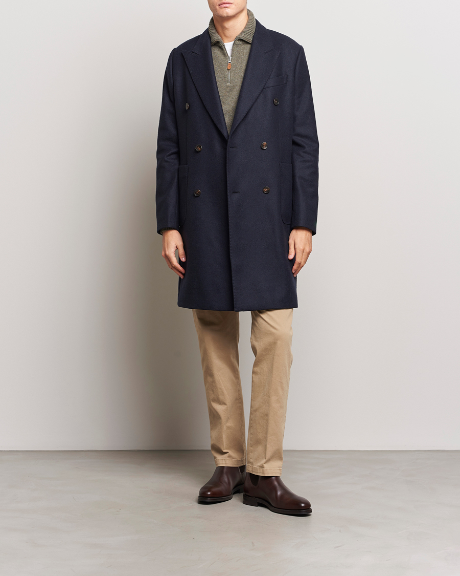 Herr | Jackor | Morris | Double Breasted Herringbone Wool Coat Navy