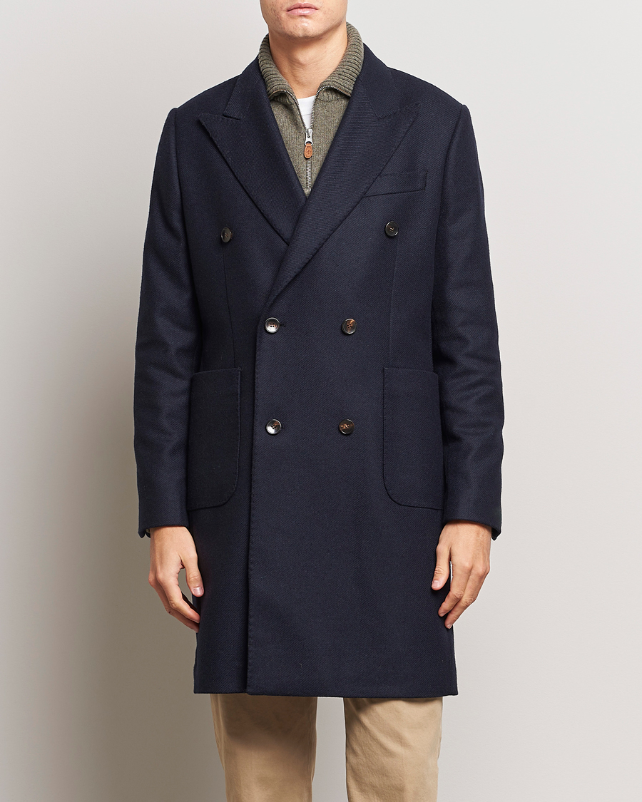 Herr |  | Morris | Double Breasted Herringbone Wool Coat Navy