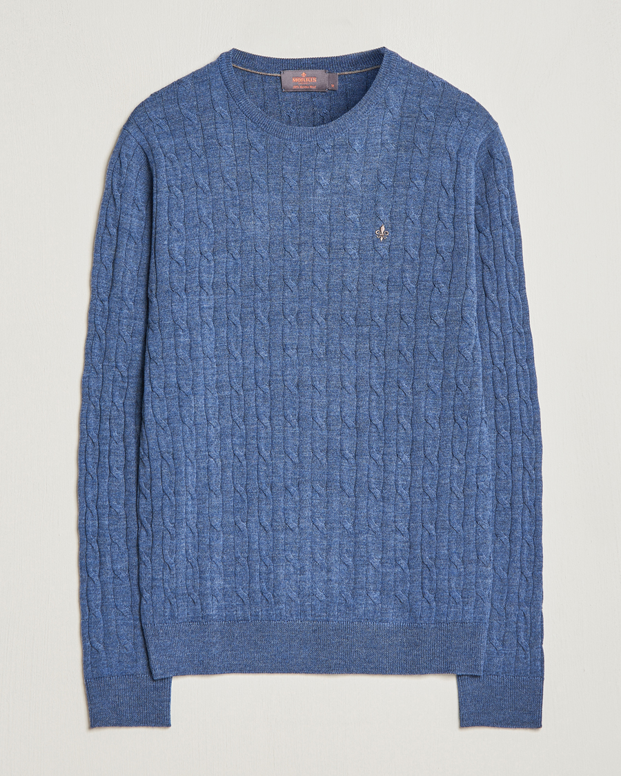 Herr | Tröjor | Morris | Merino Cable Crew Neck Blue